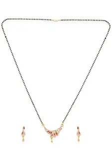 ANIKAS CREATION Black & Pink Gold-Plated AD-Studded Beaded Mangalsutra & Earrings
