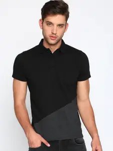 Basics Men Black & Grey Colourblocked Polo Collar T-shirt