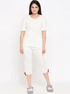 XIN Women White & Black Polka Dots Print Night Suit