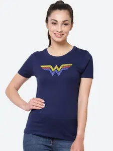 Free Authority Women Navy Blue Printed Round Neck Wonder Woman T-shirt