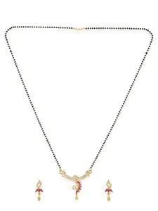 ANIKAS CREATION Black & Pink Gold-Plated AD-Studded Beaded Mangalsutra & Earrings