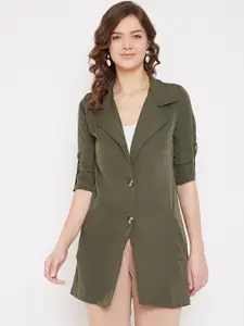 Color Cocktail Women Olive Green Solid Button Shrug