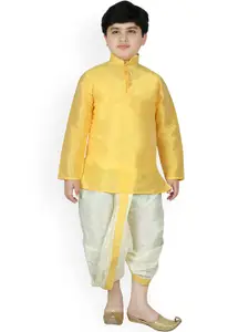 SG YUVRAJ Boys Yellow & Beige Solid Kurta with Dhoti Pants