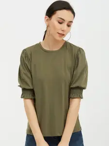Harpa Olive Green Pure Cotton Regular Top