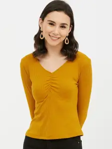 Harpa Women Mustard Solid V-Neck T-shirt