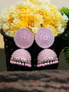 Crunchy Fashion Pink & Silver-Plated Oxidised Dome Shaped Jhumkas