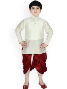 SG YUVRAJ Boys Cream-Coloured & Maroon Solid Kurta with Dhoti Pants