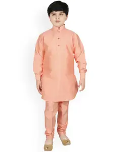 SG YUVRAJ Boys Peach-Coloured & Grey Solid Kurta with Trousers & Nehru Jacket