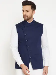 Hypernation Men Navy Blue Cotton Solid Woven Satin Twill Nehru Jacket