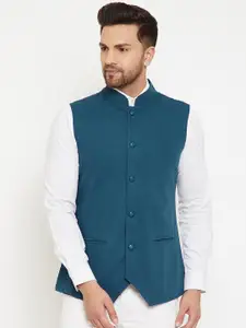 Hypernation Men Teal Green Cotton Solid Woven Nehru Jacket
