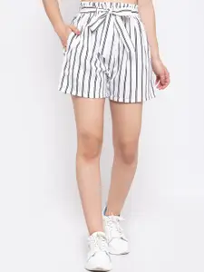 Zastraa Women White Striped Slim Fit Regular Shorts With Belt
