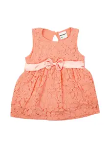 MeeMee Girls Coral Orange Self Design Fit and Flare Cotton Dress