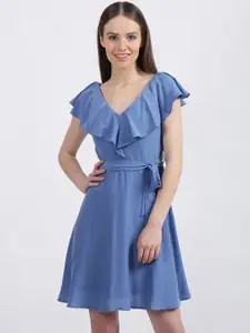 Zink London Women Blue Solid Fit and Flare Dress