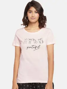 Honey by Pantaloons Women Pink Printed Round Neck Pure Cotton T-shirt