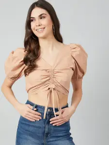 Athena Nude-Coloured Puff Sleeves Pure Cotton Fitted Crop Top