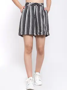 Zastraa Women Black & White Striped Slim Fit Regular Shorts