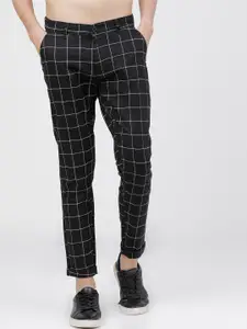 HIGHLANDER Men Black Slim Fit Checked Cotton Linen Regular Trousers