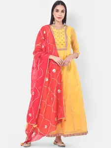 Neerus Women Yellow Embroidered Gown with Dupatta