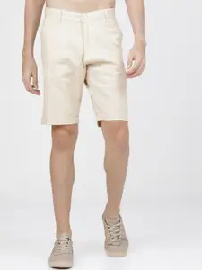 HIGHLANDER Men Beige Solid Slim Fit Cotton Linen Regular Shorts