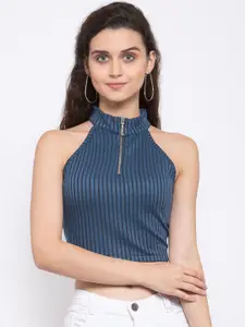 Zastraa Navy Blue Striped Fitted Crop Top