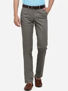JADE BLUE Men Grey Slim Fit Solid Cotton Formal Trousers