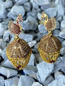 ANIKAS CREATION Gold-Plated & Maroon Peacock Shaped Antique Drop Earrings