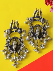 OOMPH Silver-Toned Oxidised Ganpati Contemporary Drop Earrings
