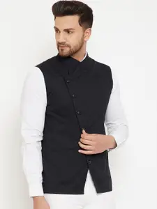 Hypernation Men Black Cotton Solid Woven Satin Twill Nehru Jacket
