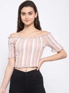 Zastraa Peach-Coloured & Off White Striped Off-Shoulder Smocked Bardot Crop Top