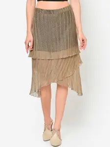 Martini Women Beige Self Design Layered Assymetric Net Flared Midi Skirt