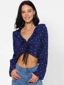 FOREVER 21 Blue Geometric Printed Tie-Up Neck Tiered Crop Top