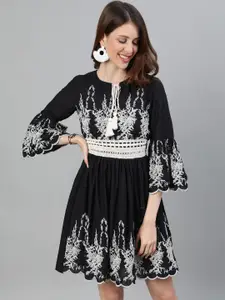 Ishin Women Black Embroidered Fit and Flare Dress