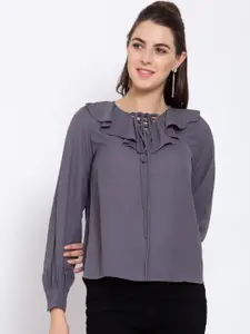 Style Quotient Grey Tie-Up Neck Crepe Regular Top