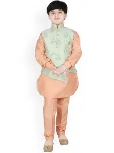 SG YUVRAJ Boys Peach-Coloured & Sea Green Solid Raw Silk Kurta with Trousers & Jacket