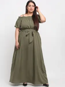 Flambeur Women Olive Green Solid Crepe Maxi Dress with Tie-Ups