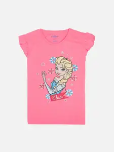 Kids Ville Girls Pink Elsa Printed Cotton Round Neck Pure Cotton T-shirt