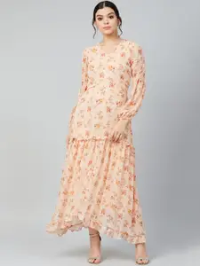 Athena Women Peach-Coloured & Maroon Floral Print Maxi Dress