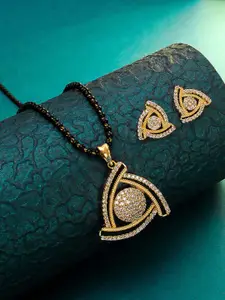 aadita Gold & Black American Diamond Mangalsutra with Earrings