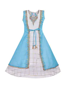 Wish Karo Girls Blue & White Checked Layered Silk Gown Dress