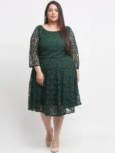Flambeur Women Plus Size Green Self Design A-Line Dress