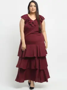 Flambeur Women Plus Size Maroon Solid Tiered Maxi Dress
