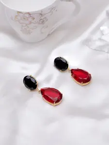 XAGO Red & Black Gold-Plated Onyx & Garnet Stone Studded Geometric Drop Earrings