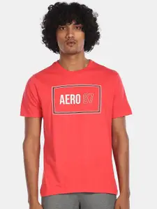 Aeropostale Men Coral Red Printed Round Neck T-shirt