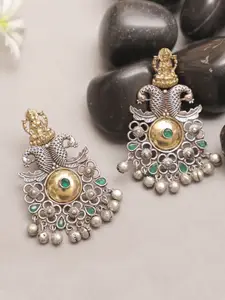 XAGO Gold-Toned & Green Silver-Plated Studded Classic Temple Drop Earrings
