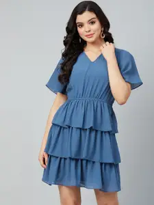 Athena Women Blue Solid Fit and Flare Dress