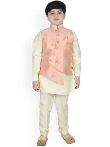SG YUVRAJ Boys Cream-Coloured & Pink Solid Kurta with Trousers & Nehru Jacket