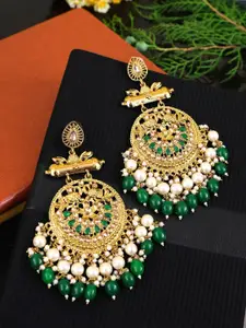 Crunchy Fashion Green & Off-White Gold-Plated Studded & Beaded Handcrafted Chandbalis