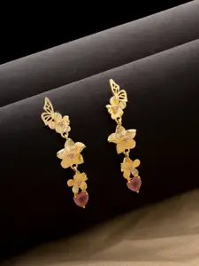Voylla Gold-Plated & Pink Stone Studded Floral Drop Earrings