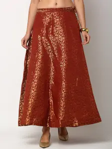 Miaz Lifestyle Women Maroon & Golden Self-Design Flared Maxi Skirt