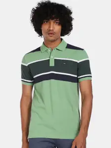 Arrow Sport Men Green & Navy Blue Striped Polo Collar T-shirt